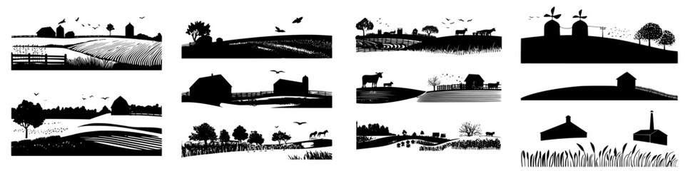 Farm silhouettes depict rural life with barns, fields, and animals under a clear sky