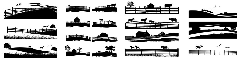 Silhouettes of rural landscapes with fences, cattle, and barns during sunset hours © Andrei