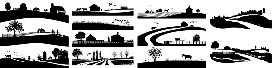 Landscape silhouettes showcasing rural life and natural scenery at sunset with barns, fields, and animals © Andrei