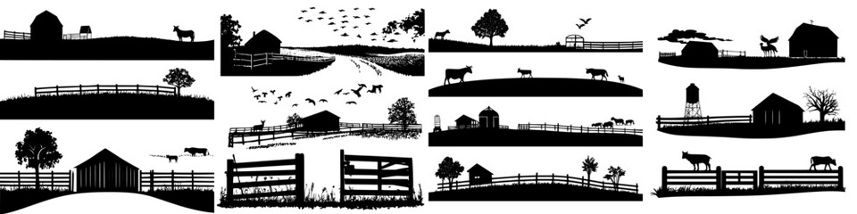 Fototapeta premium Silhouettes of rural life with farms, animals, and landscapes illustrating tranquil countryside scenes