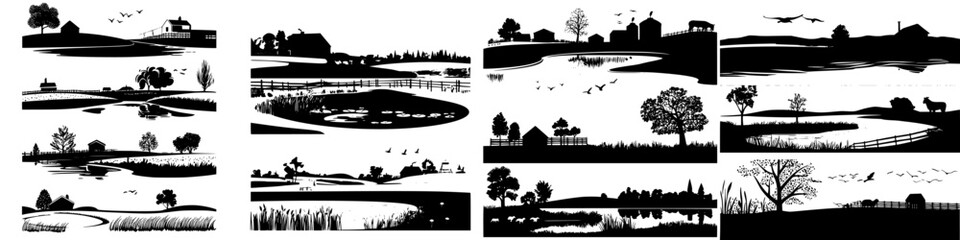 Silhouette collection featuring serene landscapes with water bodies, trees, and wildlife in a peaceful rural setting © Andrei