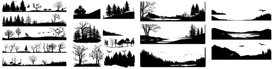 Nature silhouettes highlighting various trees, landscapes, and wildlife during sunset hours