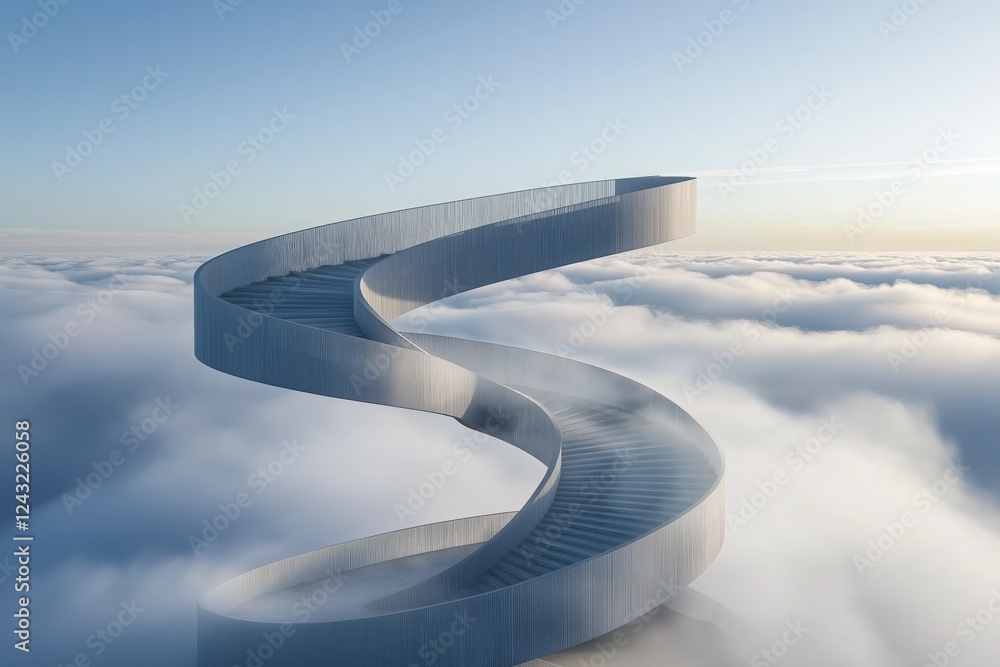 Poster a staircase that spirals infinitely into the sky, disappearing into the clouds