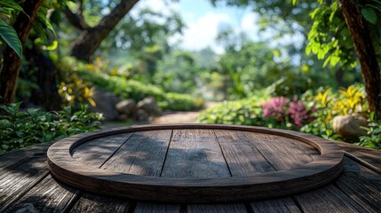 Wooden round platform in lush garden display
