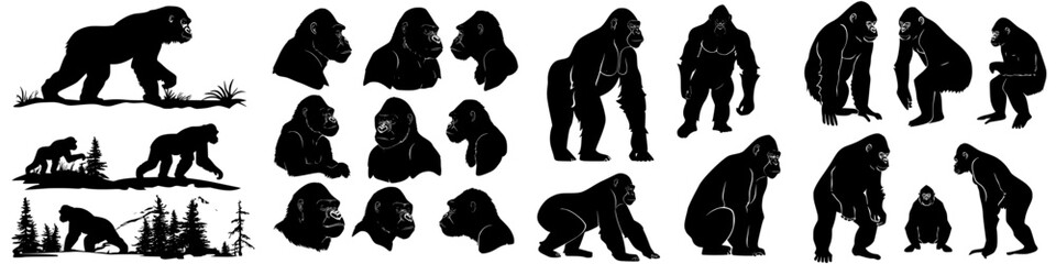 Silhouettes of gorillas showcasing various poses in a natural setting with plants and trees in the background