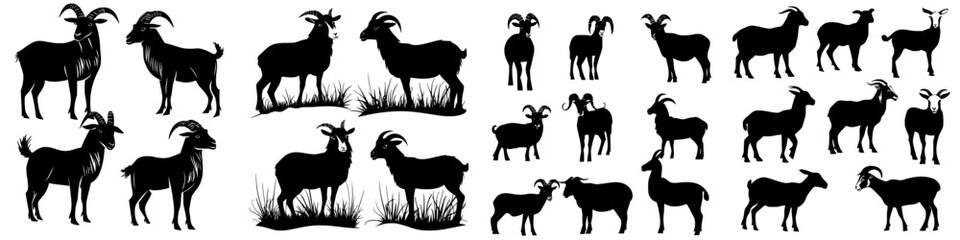 Various silhouettes of goats and sheep in different poses and orientations against a white background