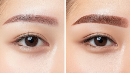 Obraz premium A split-frame high-resolution photograph showing a woman's eyebrows before and after a professional beauty treatment