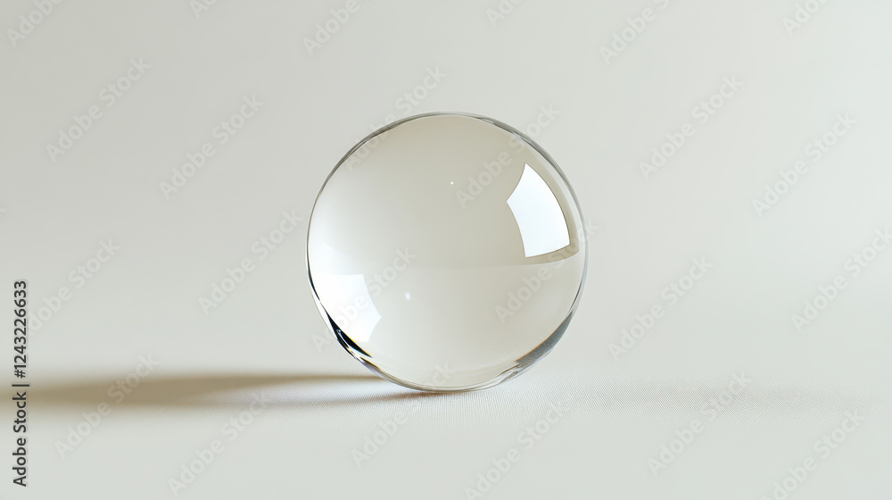 Poster clear glass sphere resting on a smooth surface with natural light highlighting its transparency and 
