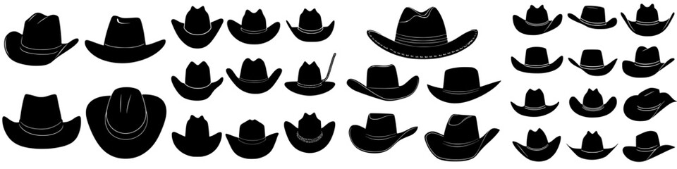Various styles of cowboy hats displayed in a creative arrangement showcasing Western fashion