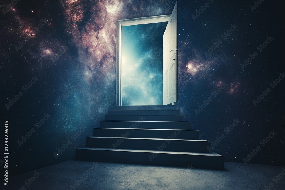 Poster a staircase leading into a doorway that opens into outer space