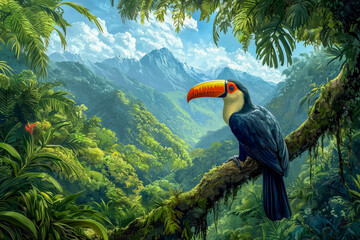 Obraz premium Vibrant toucan perched on a branch amidst lush rainforest and mountain scenery in a tropical paradise