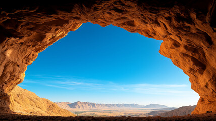 Breathtaking view from cave opening showcasing stunning rock formations and clear blue sky in desert landscape. scene evokes sense of adventure and exploration