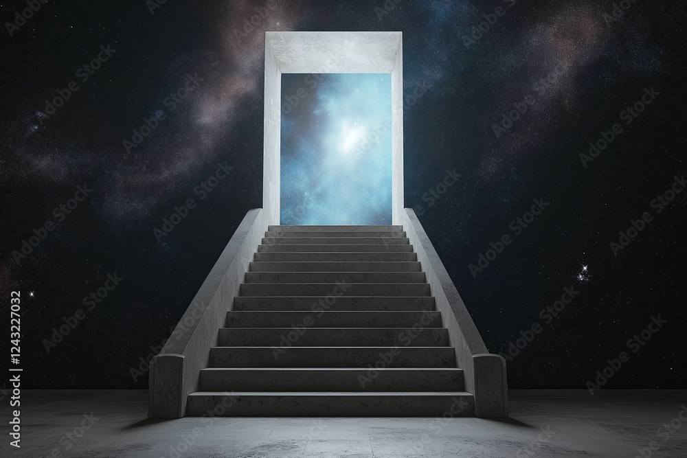 Poster a staircase leading into a doorway that opens into outer space