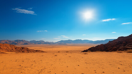 Fototapeta premium vast desert landscape with orange sand, rocky formations, and bright blue sky. sun shines brightly over distant mountains, creating serene and expansive atmosphere