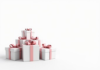 Stacked White Gift Boxes, Pink Ribbon, 3D Render
