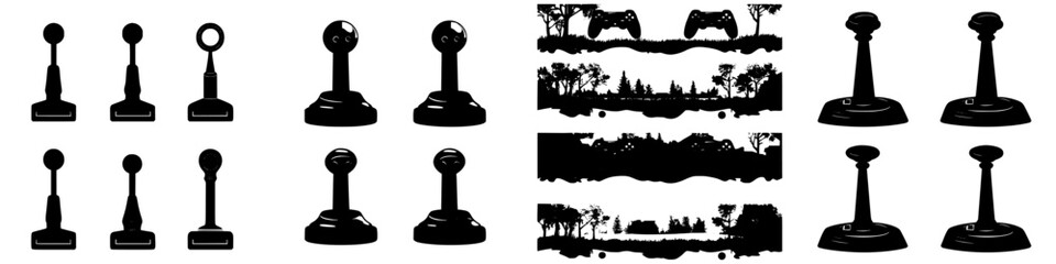 Fototapeta premium Creative black and white silhouettes of gaming controllers and decorative landscapes on a minimalist background
