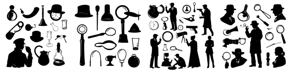 Silhouettes of detectives engaging in various investigative activities with vintage props and tools © Andrei