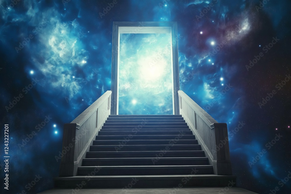 Poster a staircase leading into a doorway that opens into outer space