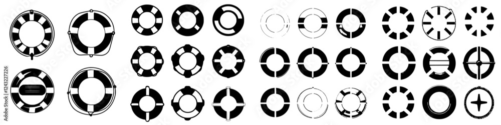 Poster various designs of circular shapes with contrasting colors and patterns on a neutral background show