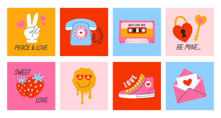 Set cards for Valentines Day in retro trendy style 90s. Romantic and love elements. Bright minimalist posters. Vector decor of print and postcards