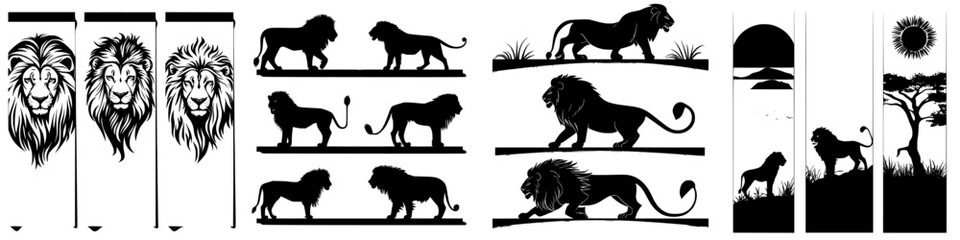 Decorative lion silhouettes in various poses suitable for wall art or design projects
