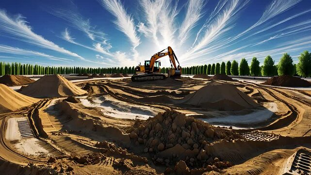 Excavator working on a large construction site with piles of sand and dirt under a bright blue sky with scattered clouds

