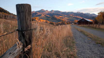 Obraz premium Rural road, autumn sunset, mountain backdrop