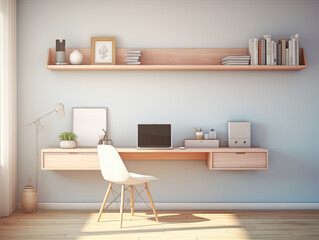 Bright and airy minimalist home office with wooden desk and floating shelves