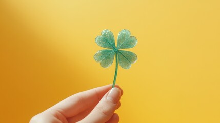 Hand holding four-leaf clover, yellow background, luck, St. Patrick's Day