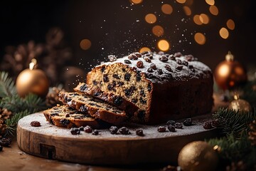 Traditional Holiday Fruitcake with Raisins and Festive Decorations for Christmas Celebrations