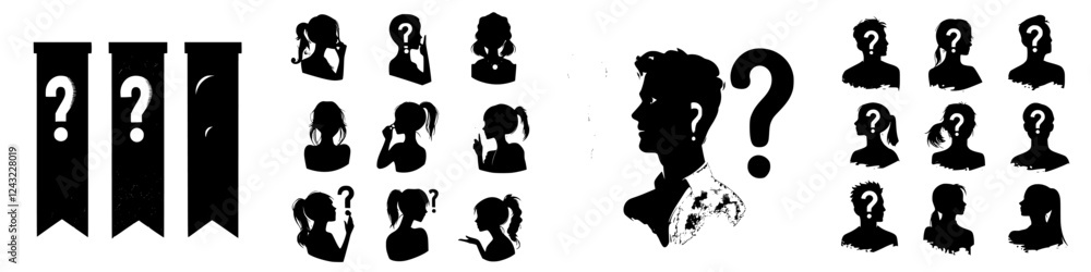 Poster silhouettes of diverse individuals and decorative elements creating a sense of mystery and intrigue 