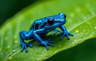 A close-up photo of a blue poison dart frog on a green leaf