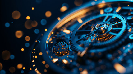 Steampunk clock with intricate gears and glowing bokeh lights, showcasing blend of vintage and modern design elements. mesmerizing details create captivating atmosphere