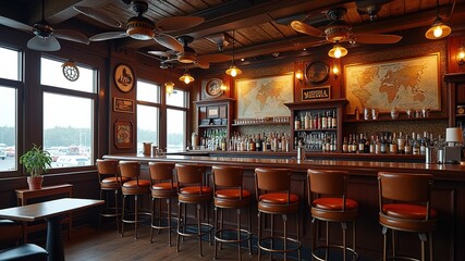 Fototapeta premium Retro Aviation Bar - Propeller Ceiling Fans & Airplane Seats
