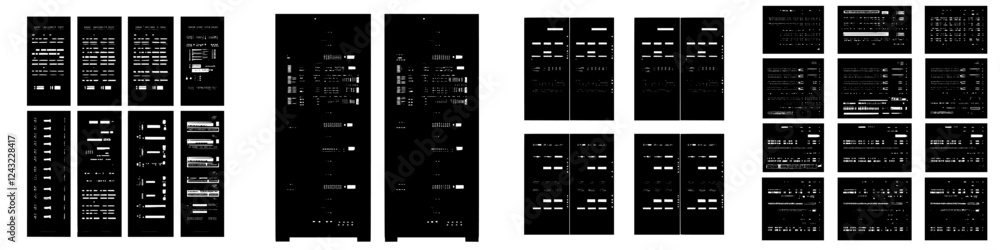 Poster various abstract black and white layouts showcasing digital display screens and data visualizations 