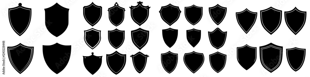 Poster collection of various shield shapes and designs displayed in a grid format on a plain background