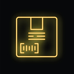 Glowing neon yellow icon of a parcel box with barcode, representing delivery and shipping