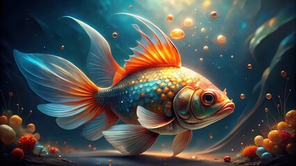 Fototapeta premium Enchanted Aquatic Creature with Iridescent Scales and Flowing Fins, Swimming Amidst Glowing Orb-like Particles and Surreal Underwater Flora