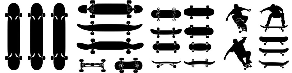 Multiple silhouettes of skateboards and skateboarders performing tricks in an urban setting during daylight hours