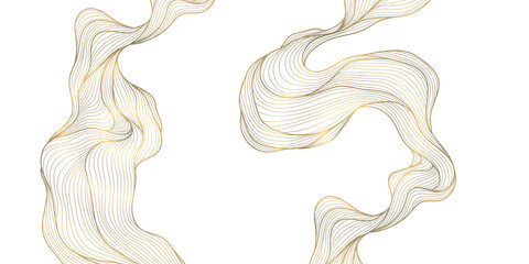 Vector gold wave line background, premium curve shape, glitter elegant template. Flow light design, ribbon banner