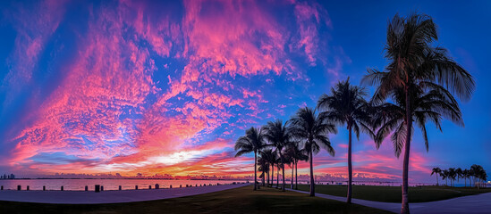 Vibrant sunset over the water with palm trees lining the shore in a coastal park