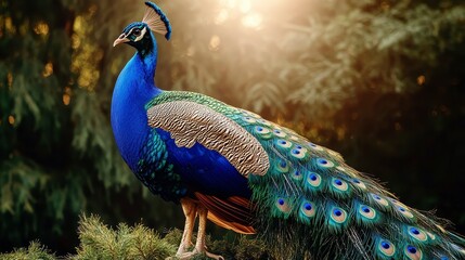 Obraz premium Blue Green Peacock In Lush Garden Backlit By Sunlight