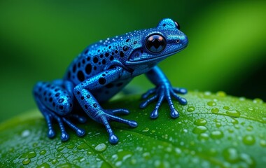 Obraz premium A close-up photo of a blue poison dart frog on a green leaf, with intricate details and vivid colors.
