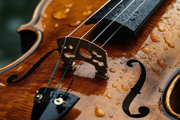 Close-Up of Raindrop-Covered Violin Strings with Wooden Bridge Detail