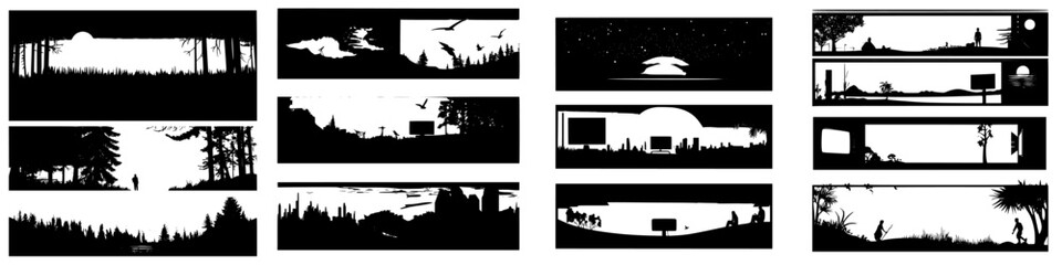 Multiple silhouettes showcase various nature scenes contrasting light and dark in an artistic display