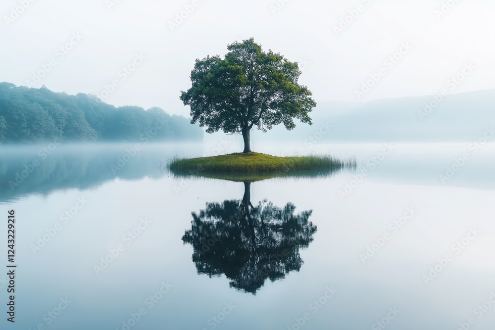 Poster a single tree on a tiny island, reflected perfectly in still water