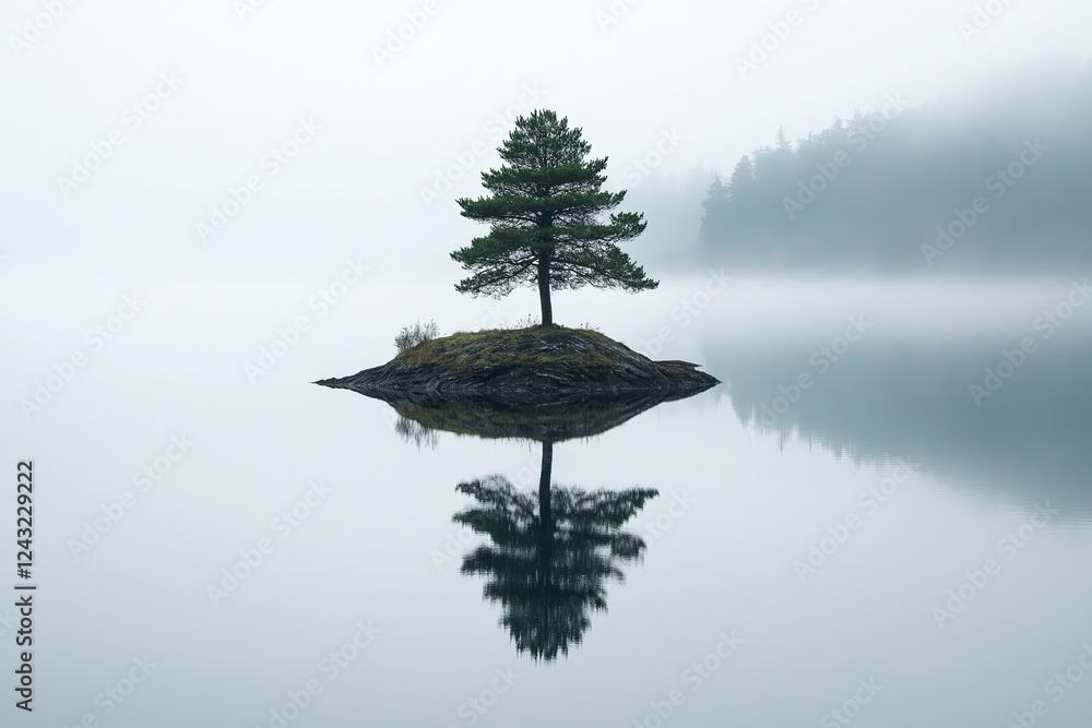 Poster a single tree on a tiny island, reflected perfectly in still water