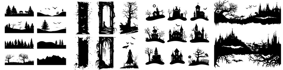 Unique collection of silhouette designs featuring trees, landscapes, and spooky scenes at twilight