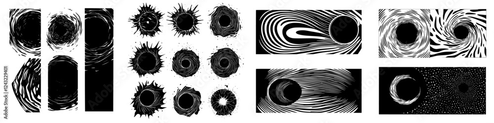 Poster abstract black and white graphics featuring varied circular patterns and textures in a striking desi