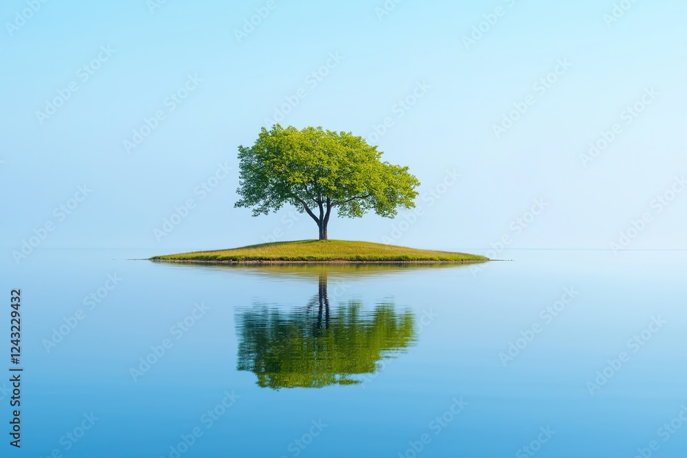 Poster a single tree on a tiny island, reflected perfectly in still water